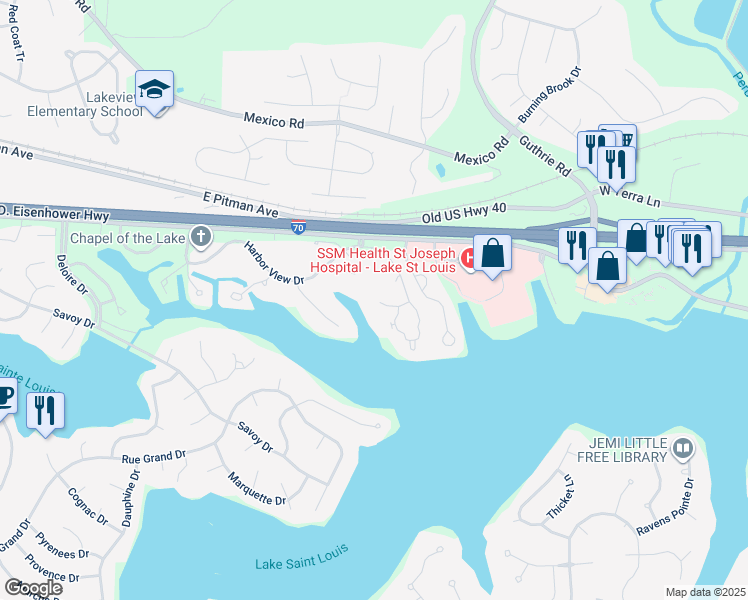 map of restaurants, bars, coffee shops, grocery stores, and more near 61 Schooner Lane in Lake Saint Louis