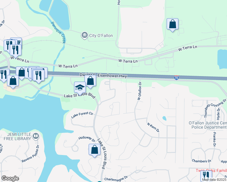 map of restaurants, bars, coffee shops, grocery stores, and more near 533 Bent Oak Drive in Lake Saint Louis