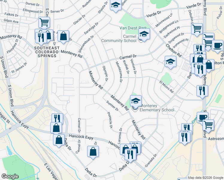 map of restaurants, bars, coffee shops, grocery stores, and more near 2102 Montezuma Drive in Colorado Springs