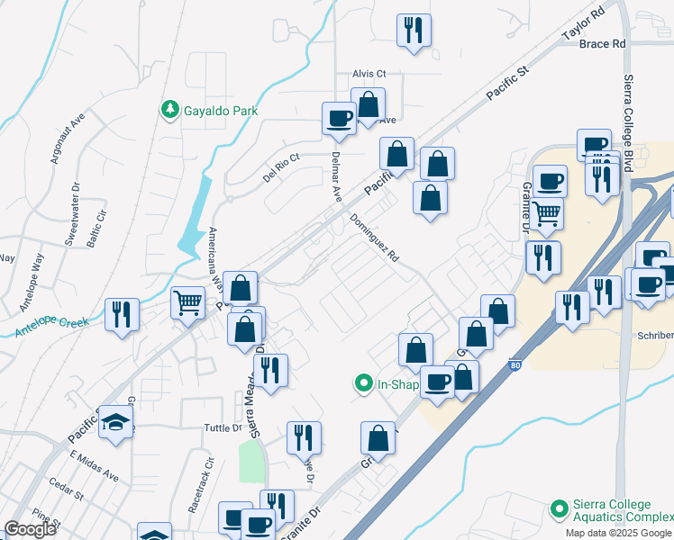 map of restaurants, bars, coffee shops, grocery stores, and more near 4454 Sierra Pine Way in Rocklin