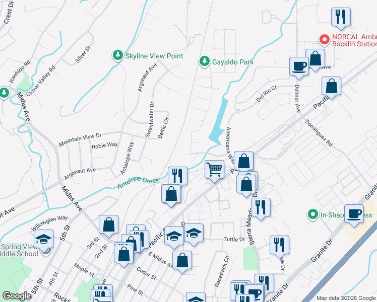map of restaurants, bars, coffee shops, grocery stores, and more near 4056 Aitken Dairy Road in Rocklin