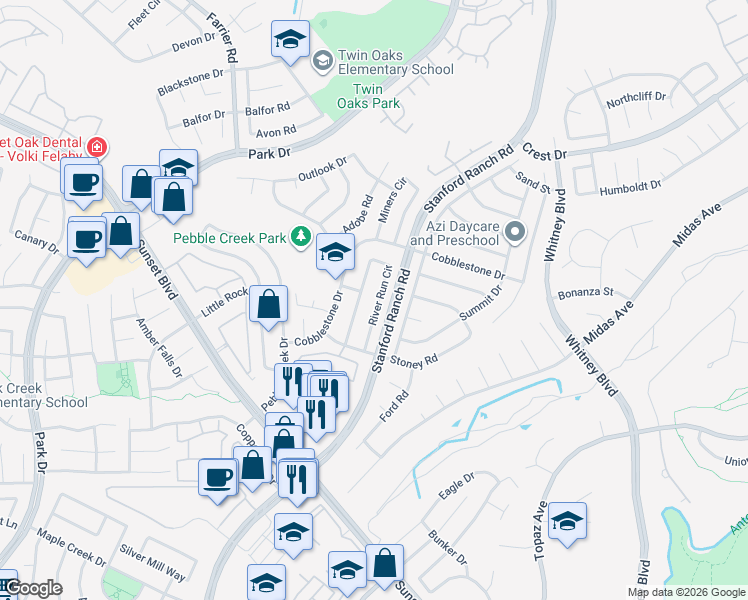 map of restaurants, bars, coffee shops, grocery stores, and more near 5724 River Run Circle in Rocklin
