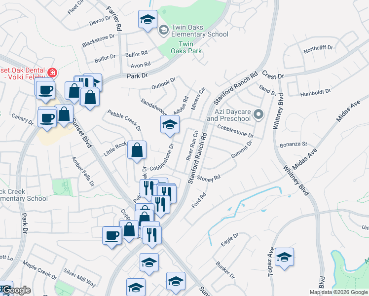 map of restaurants, bars, coffee shops, grocery stores, and more near 5770 River Run Circle in Rocklin
