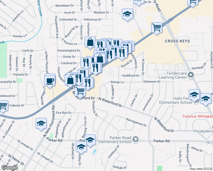 map of restaurants, bars, coffee shops, grocery stores, and more near 2390 Stirrup Lane in Florissant