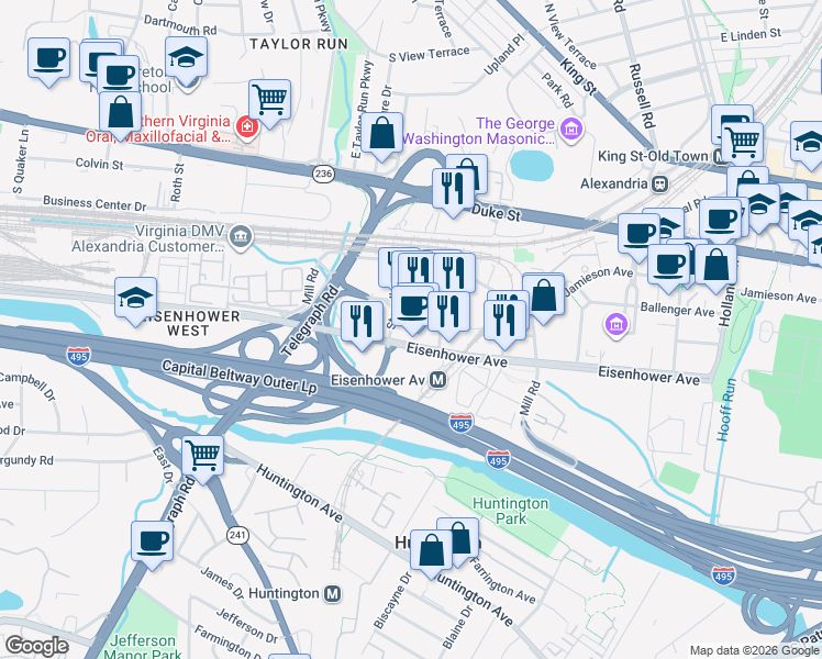 map of restaurants, bars, coffee shops, grocery stores, and more near 2461 Eisenhower Avenue in Alexandria