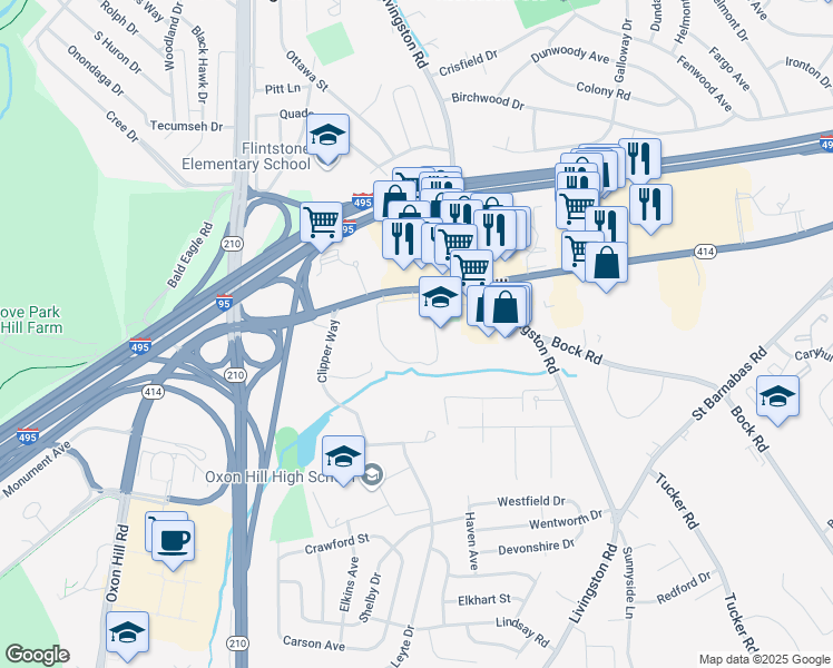 map of restaurants, bars, coffee shops, grocery stores, and more near 6360 Oxon Hill Road in Oxon Hill-Glassmanor