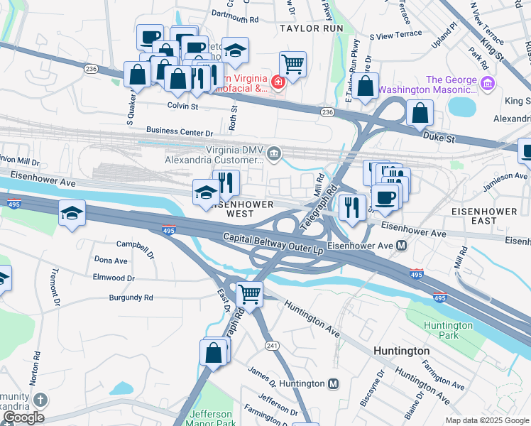map of restaurants, bars, coffee shops, grocery stores, and more near 2700 Eisenhower Avenue in Alexandria