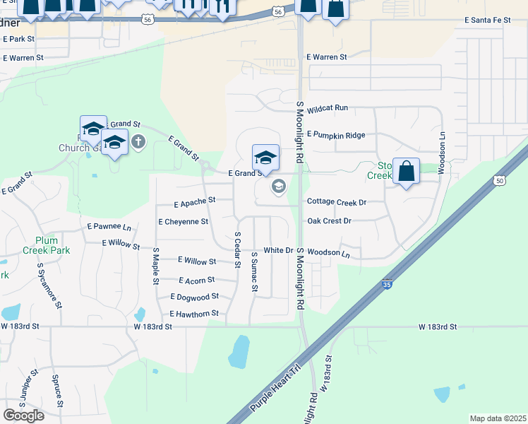 map of restaurants, bars, coffee shops, grocery stores, and more near 780 East Cheyenne Street in Gardner
