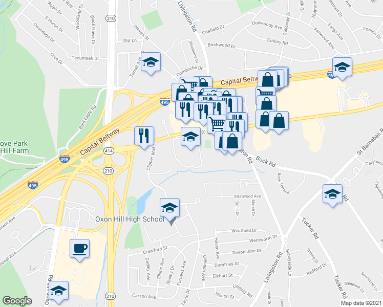 map of restaurants, bars, coffee shops, grocery stores, and more near 6360 Oxon Hill Road in Oxon Hill-Glassmanor