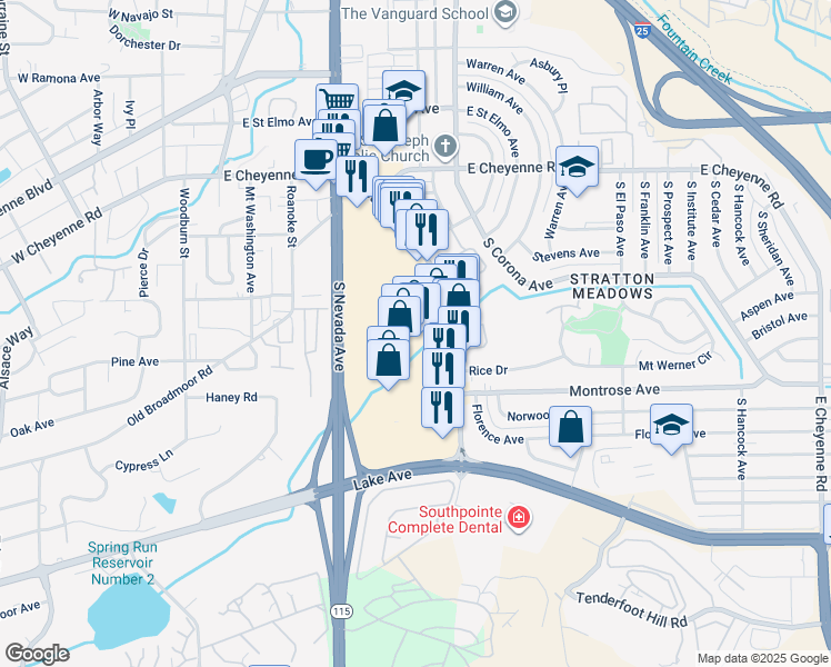 map of restaurants, bars, coffee shops, grocery stores, and more near 2130 Southgate Road in Colorado Springs