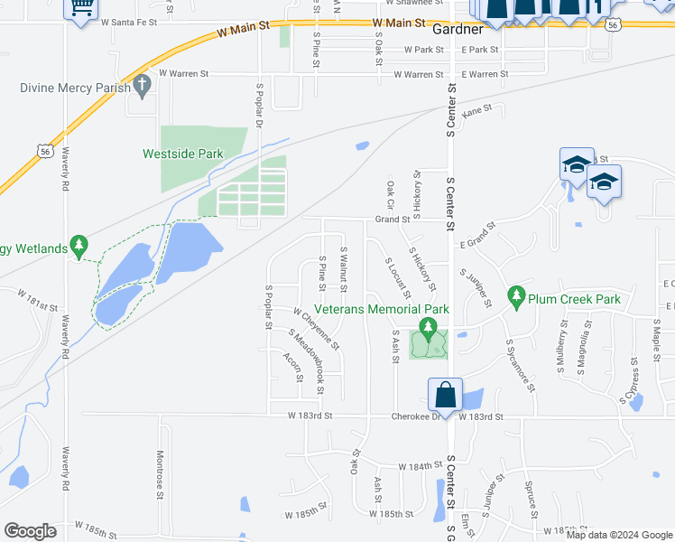 map of restaurants, bars, coffee shops, grocery stores, and more near 580 South Walnut Street in Gardner