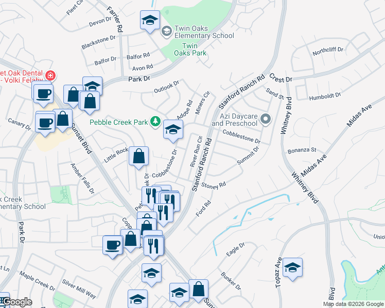 map of restaurants, bars, coffee shops, grocery stores, and more near 5724 River Run Circle in Rocklin