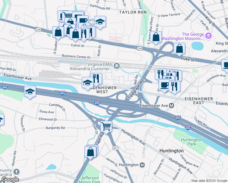 map of restaurants, bars, coffee shops, grocery stores, and more near 2700 Eisenhower Avenue in Alexandria