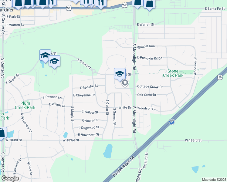 map of restaurants, bars, coffee shops, grocery stores, and more near 700 East Cheyenne Street in Gardner