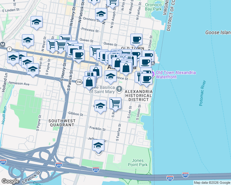 map of restaurants, bars, coffee shops, grocery stores, and more near 309 South Royal Street in Alexandria