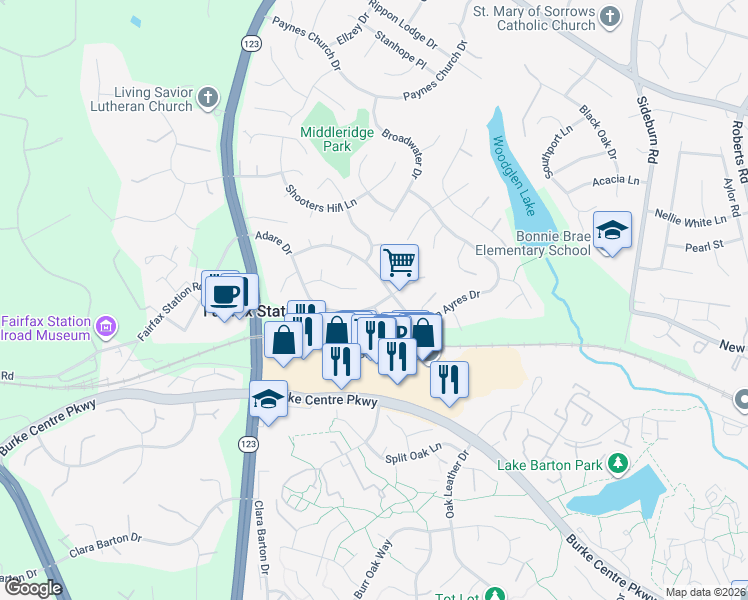 map of restaurants, bars, coffee shops, grocery stores, and more near 10896 Adare Drive in Fairfax
