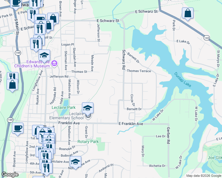 map of restaurants, bars, coffee shops, grocery stores, and more near 220 Burns Farm Boulevard in Edwardsville