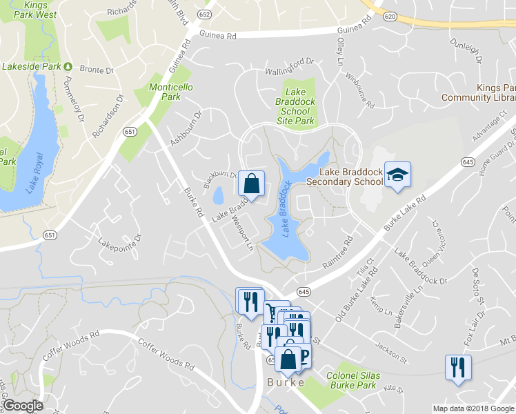 map of restaurants, bars, coffee shops, grocery stores, and more near 5497 Lighthouse Lane in Burke