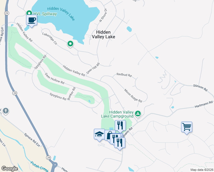 map of restaurants, bars, coffee shops, grocery stores, and more near 18971 Hidden Valley Road in Hidden Valley Lake