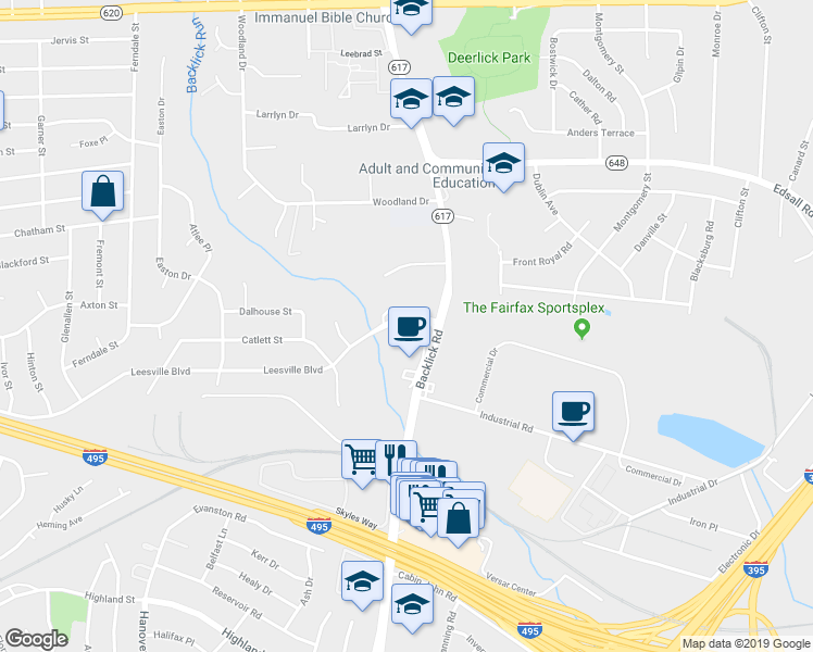 map of restaurants, bars, coffee shops, grocery stores, and more near 7007 Leesville Boulevard in Springfield