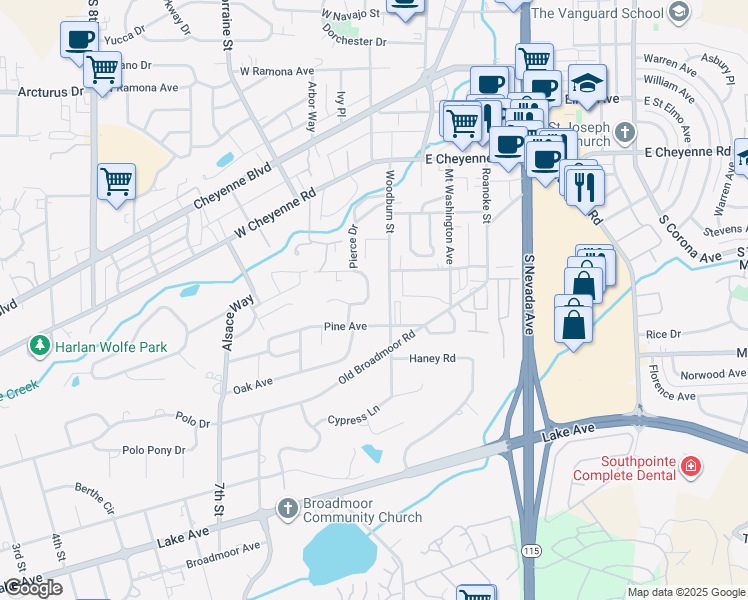 map of restaurants, bars, coffee shops, grocery stores, and more near 15 Newport Circle in Colorado Springs
