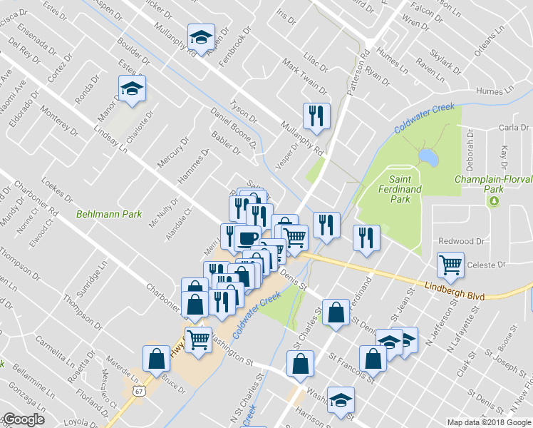 map of restaurants, bars, coffee shops, grocery stores, and more near 35 Ruth Drive in Florissant