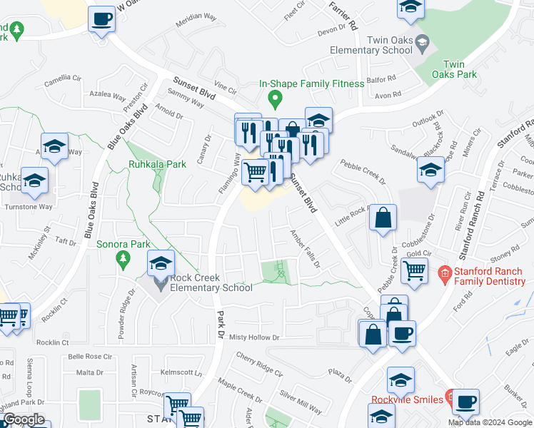 map of restaurants, bars, coffee shops, grocery stores, and more near 6125 Northern Lights Way in Rocklin