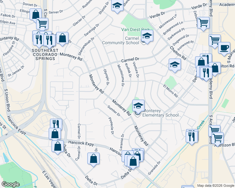 map of restaurants, bars, coffee shops, grocery stores, and more near 2102 Montezuma Drive in Colorado Springs
