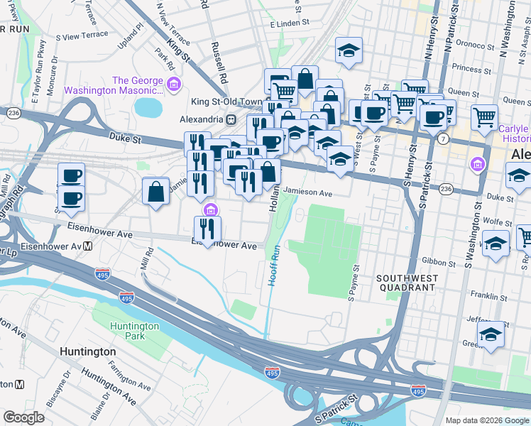 map of restaurants, bars, coffee shops, grocery stores, and more near 501 Holland Lane in Alexandria
