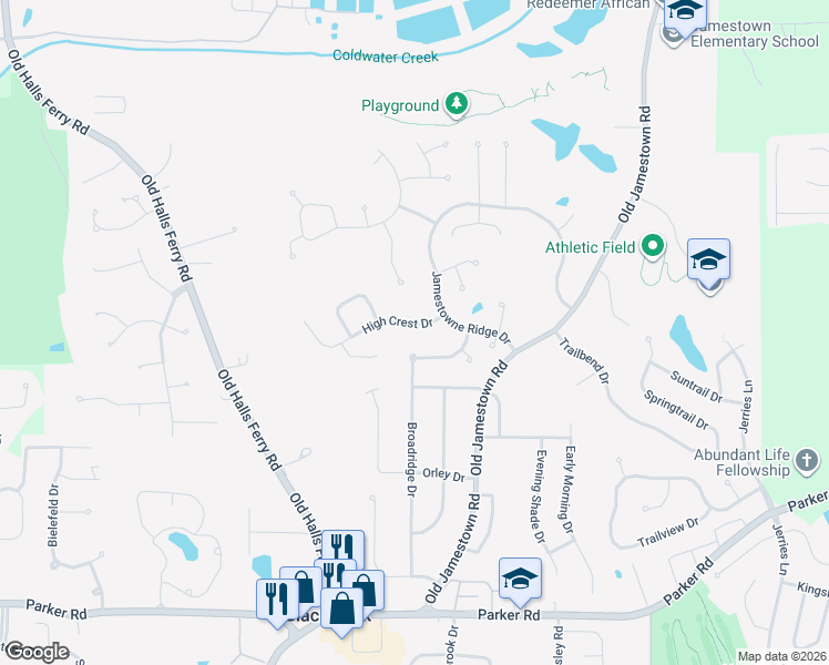 map of restaurants, bars, coffee shops, grocery stores, and more near 12930 High Crest Drive in Florissant