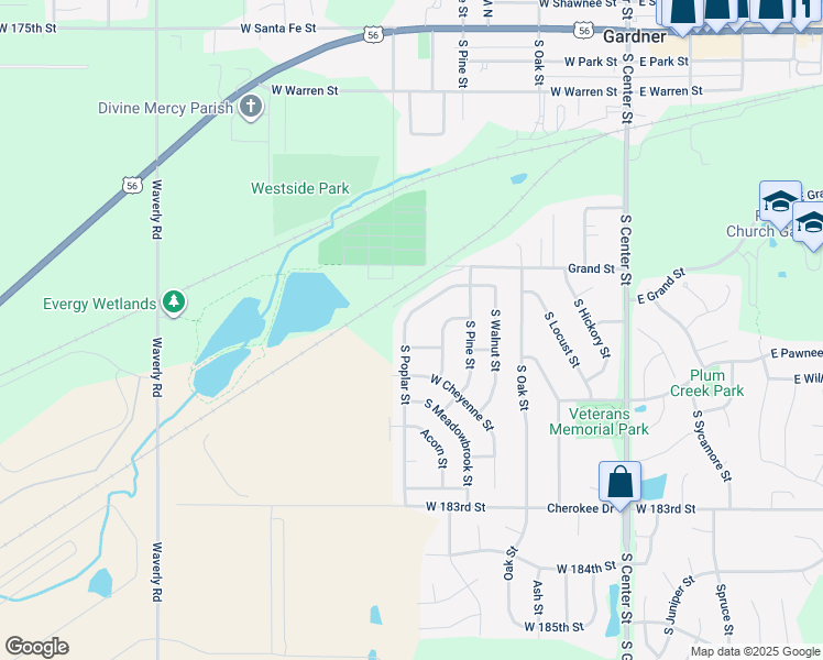map of restaurants, bars, coffee shops, grocery stores, and more near 555 South Poplar Street in Gardner