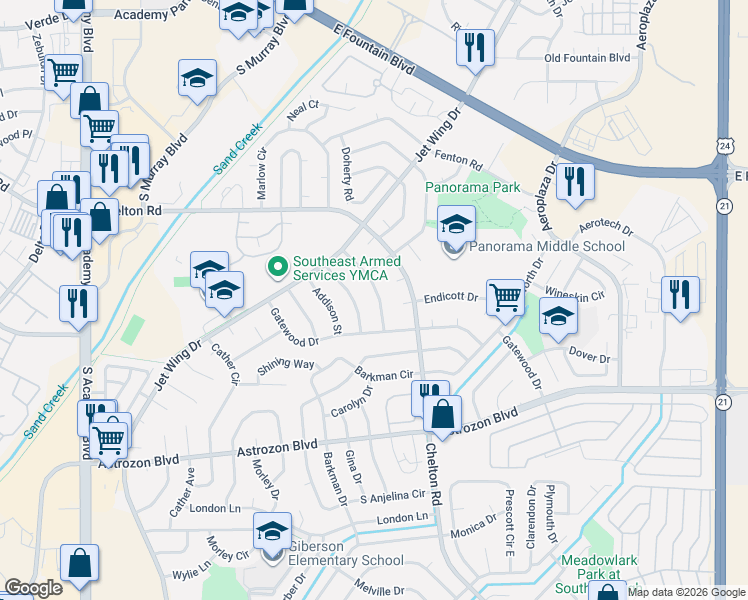 map of restaurants, bars, coffee shops, grocery stores, and more near 2120 Grafton Drive in Colorado Springs