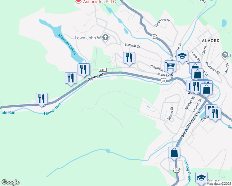 map of restaurants, bars, coffee shops, grocery stores, and more near 201-399 Chestnut St in Spencer