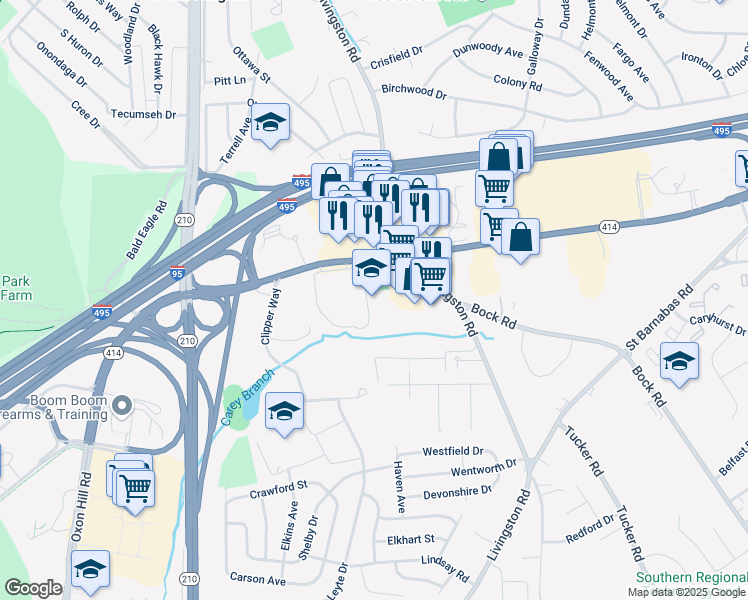map of restaurants, bars, coffee shops, grocery stores, and more near 6360 Oxon Hill Road in Forest Heights