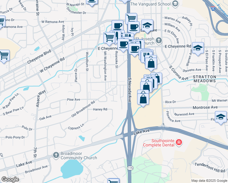 map of restaurants, bars, coffee shops, grocery stores, and more near 43 Old Broadmoor Road in Colorado Springs