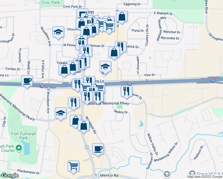 map of restaurants, bars, coffee shops, grocery stores, and more near 703 Plaza Drive in O'Fallon