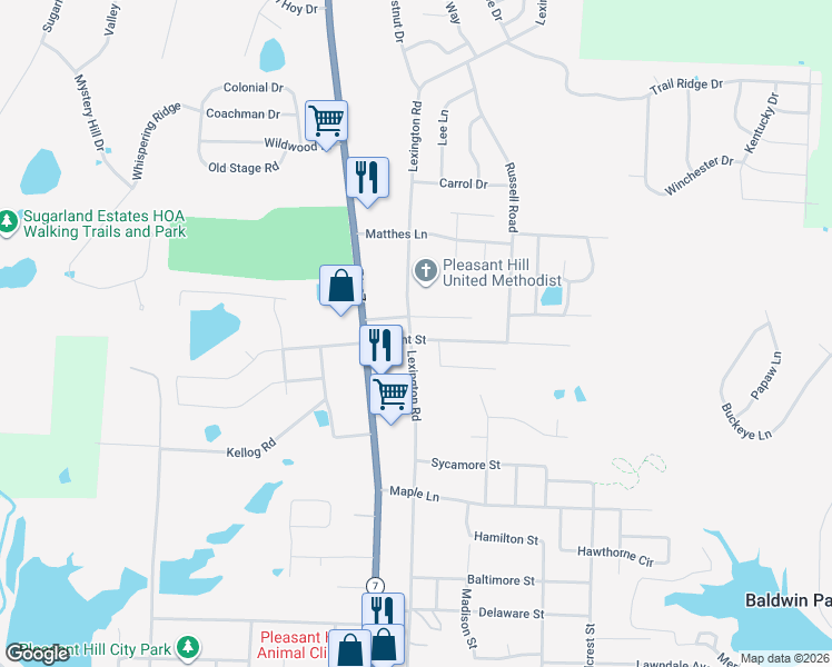 map of restaurants, bars, coffee shops, grocery stores, and more near 1201 Wright Street in Pleasant Hill
