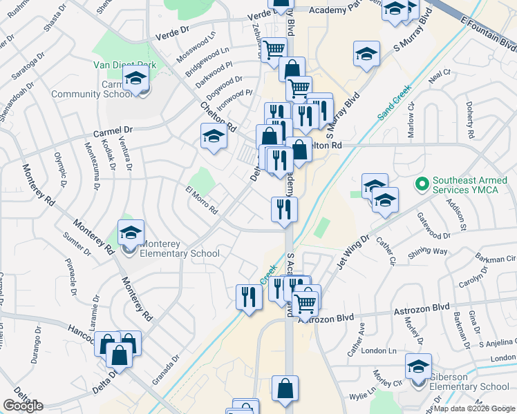 map of restaurants, bars, coffee shops, grocery stores, and more near 2129 Delta Drive in Colorado Springs