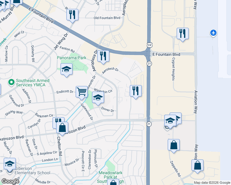 map of restaurants, bars, coffee shops, grocery stores, and more near 4925 Wineskin Circle in Colorado Springs