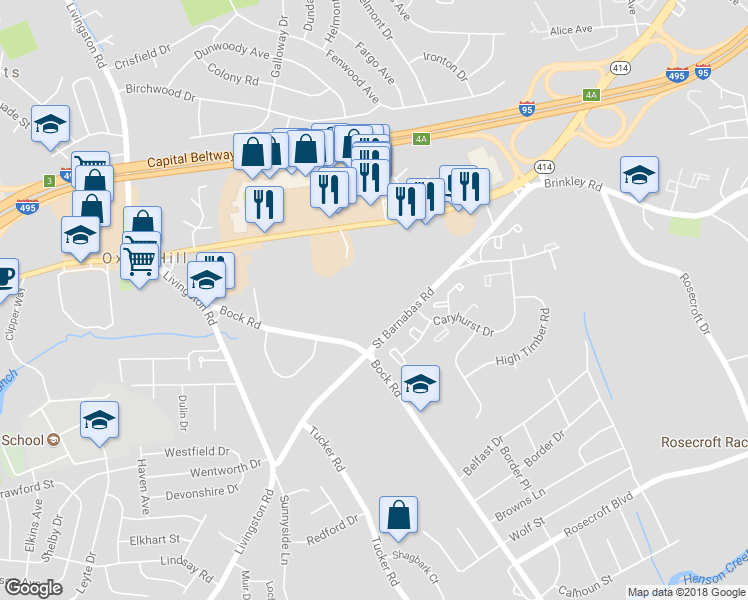 map of restaurants, bars, coffee shops, grocery stores, and more near 6415 Saint Barnabas Road in Oxon Hill
