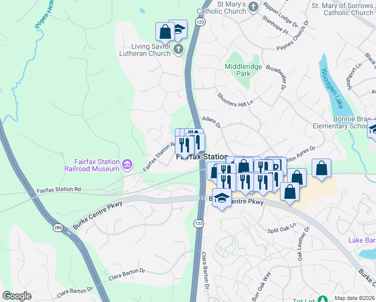 map of restaurants, bars, coffee shops, grocery stores, and more near 5618 Ox Road in Fairfax Station