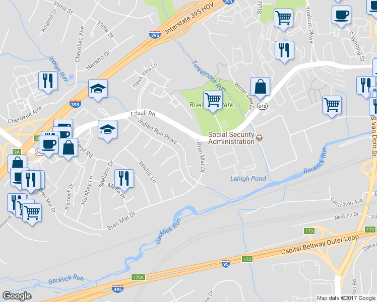 map of restaurants, bars, coffee shops, grocery stores, and more near 6242 Indian Run Parkway in Alexandria