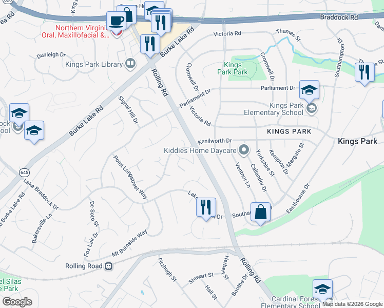 map of restaurants, bars, coffee shops, grocery stores, and more near 5011 Prince Caspian Lane in Burke
