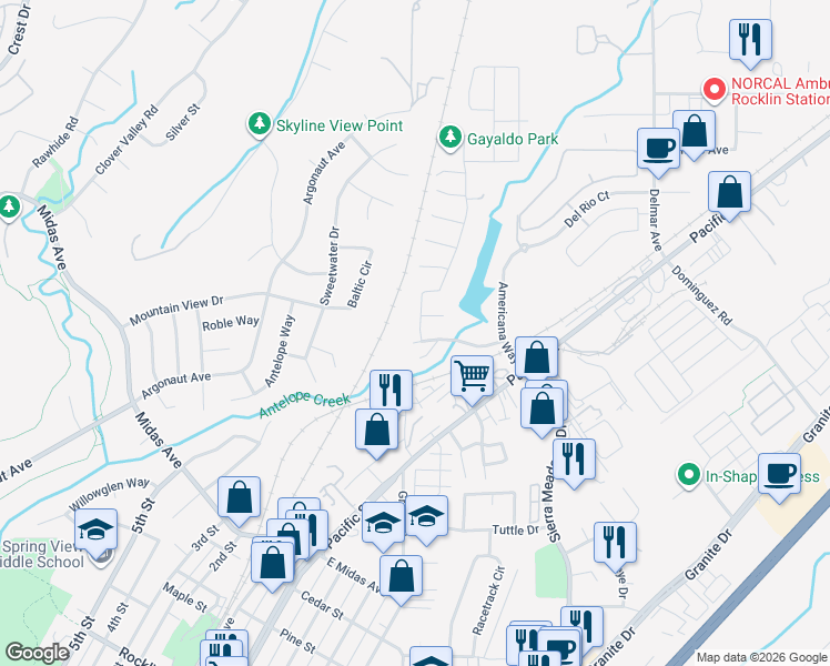 map of restaurants, bars, coffee shops, grocery stores, and more near 4056 Aitken Dairy Road in Rocklin