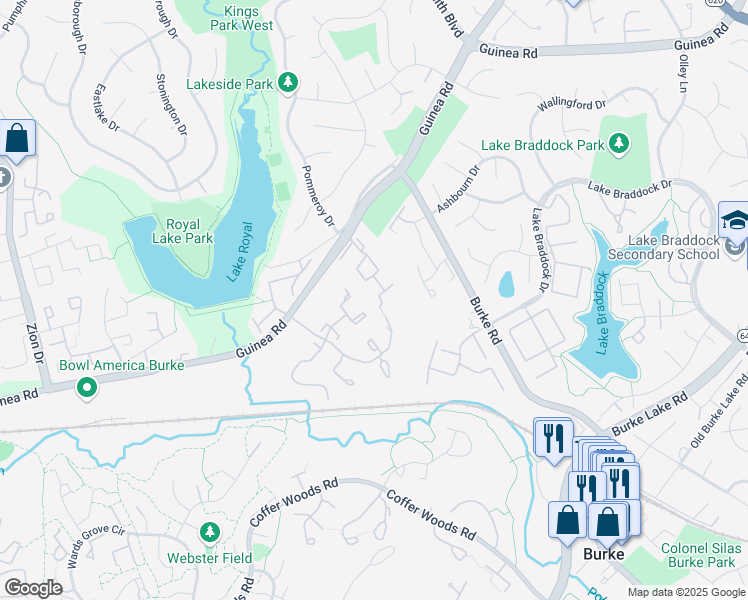 map of restaurants, bars, coffee shops, grocery stores, and more near 9694 Poindexter Ct in Burke