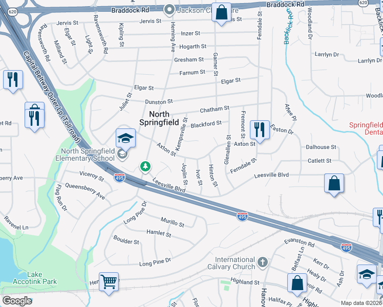 map of restaurants, bars, coffee shops, grocery stores, and more near 7418 Axton Street in Springfield