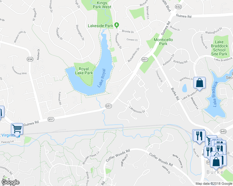 map of restaurants, bars, coffee shops, grocery stores, and more near 9841 Lakepointe Drive in Burke