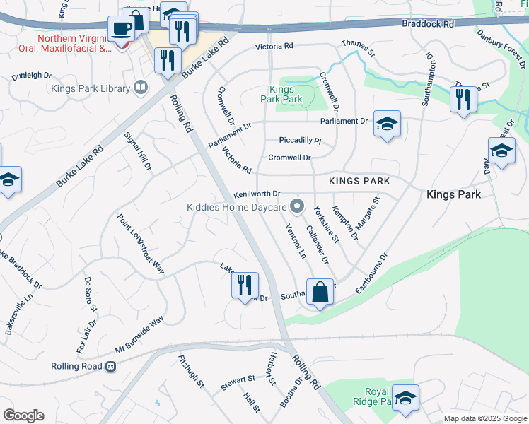 map of restaurants, bars, coffee shops, grocery stores, and more near 5507 Kings Park Drive in Springfield