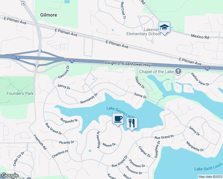 map of restaurants, bars, coffee shops, grocery stores, and more near 14 Normandy Drive in Lake Saint Louis