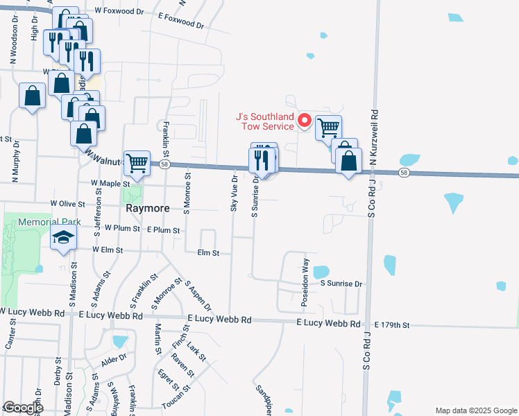 map of restaurants, bars, coffee shops, grocery stores, and more near 223 South Sunrise Drive in Raymore